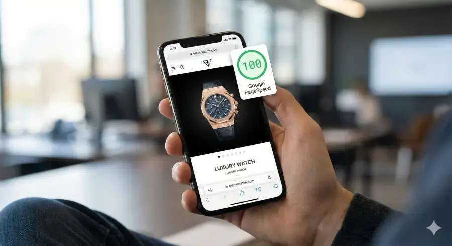 Realistic photo of a high-speed e-commerce product page on a mobile device optimized by 2CUBE Studio