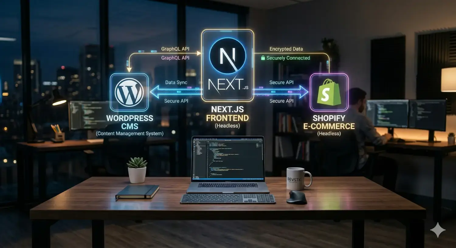 2cube Studio developer building a headless architecture using Next.js frontend with WordPress and Shopify backends.