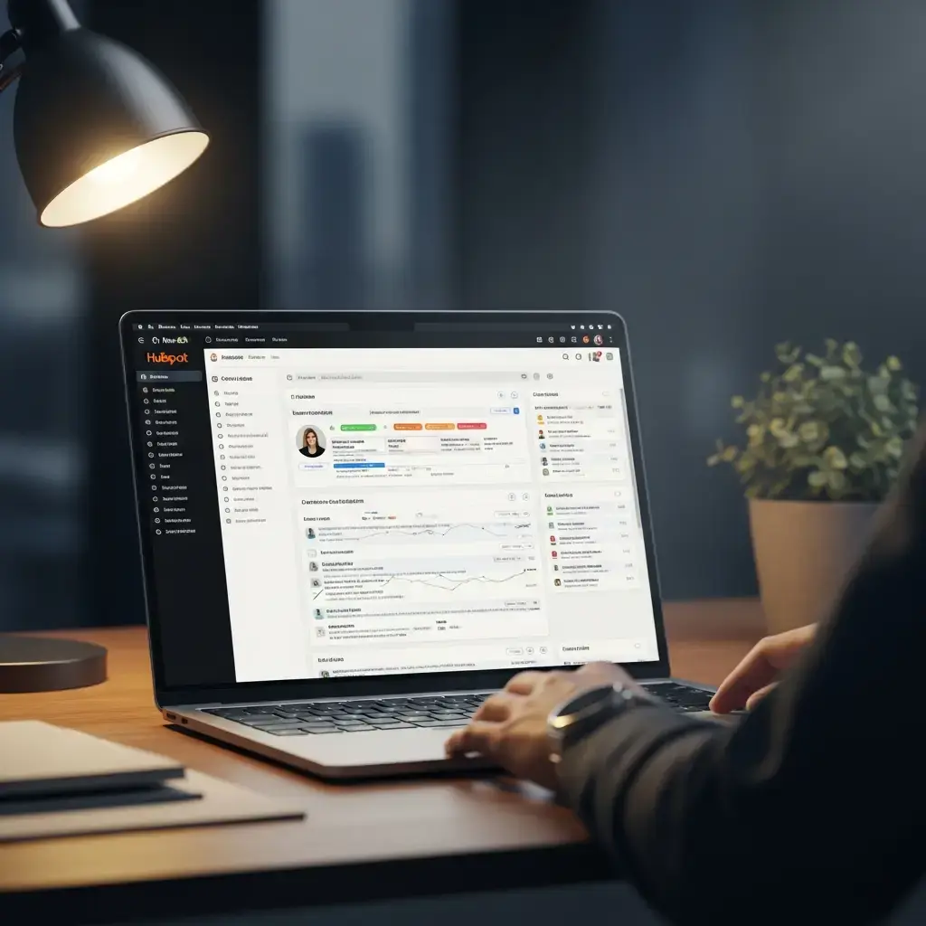 HubSpot CMS developer from 2cube Studio working on custom objects and membership dynamic pages on a laptop.