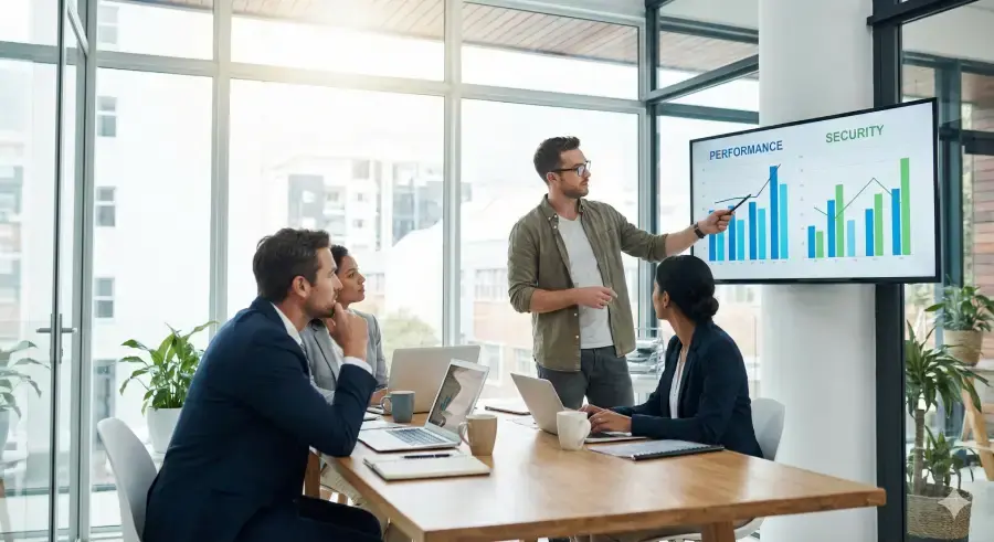 Business team comparing HubSpot CMS versus WordPress Elementor performance charts during a strategy meeting at 2CUBE Studio