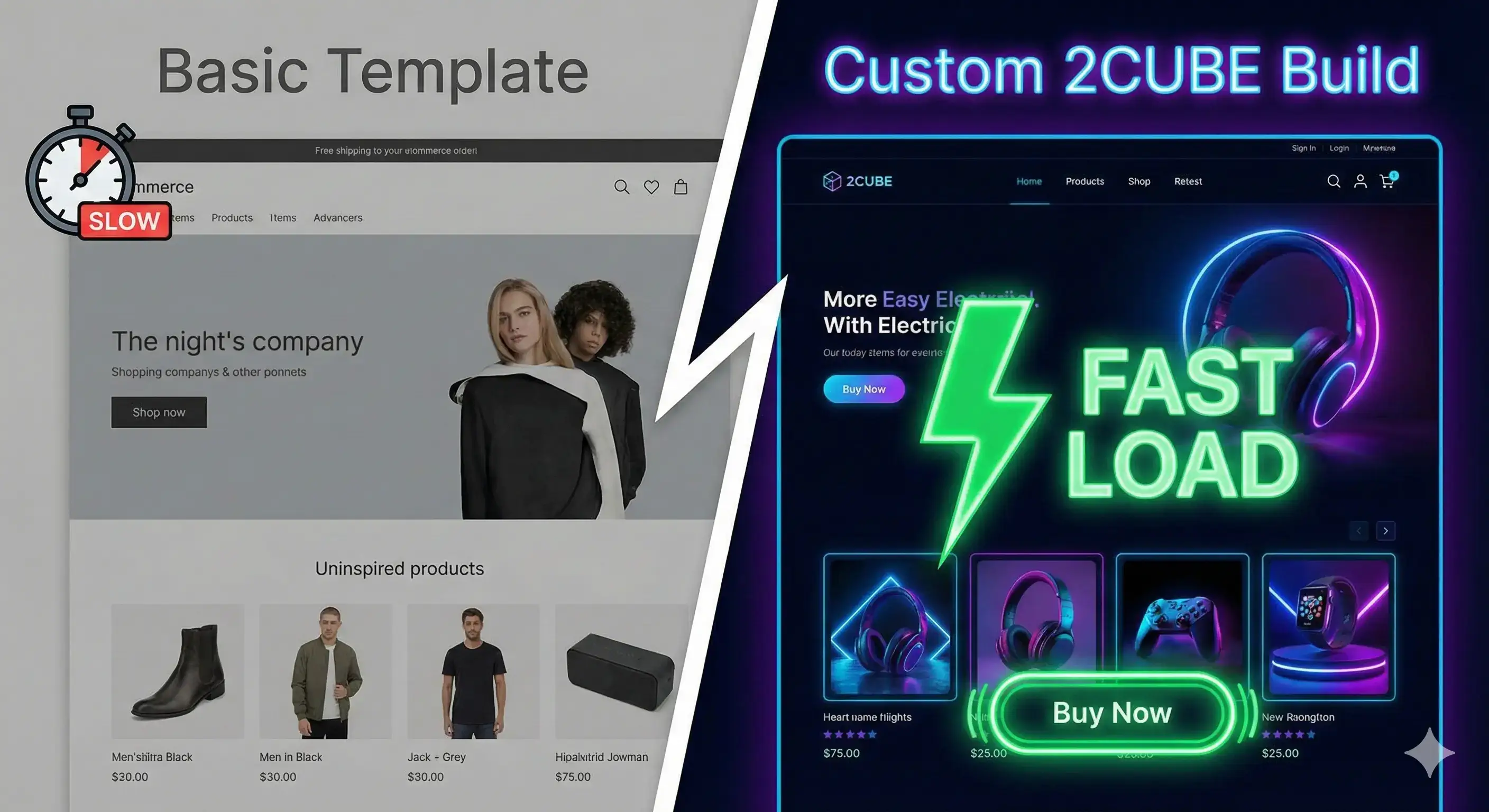 Comparison between a standard Shopify template and a custom developed Shopify theme by 2CUBE Studio