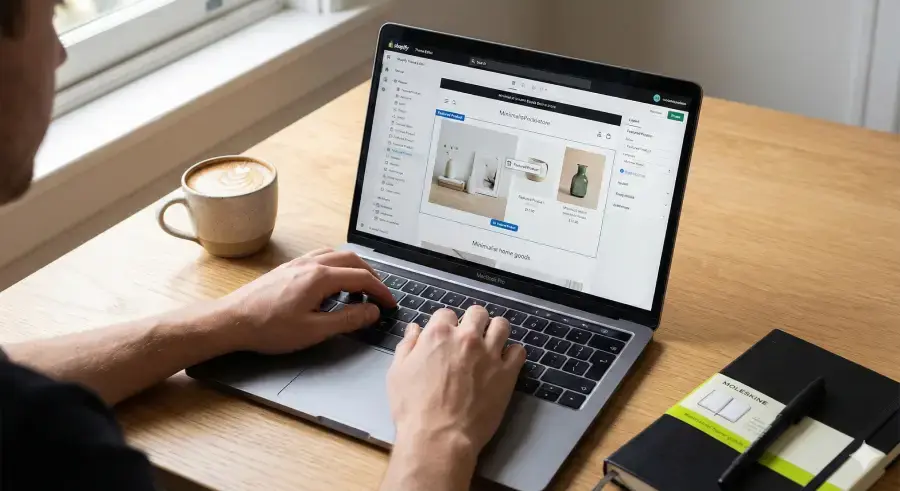 A professional developer using the Shopify Online Store 2.0 editor to customize a website layout for a 2CUBE Studio client