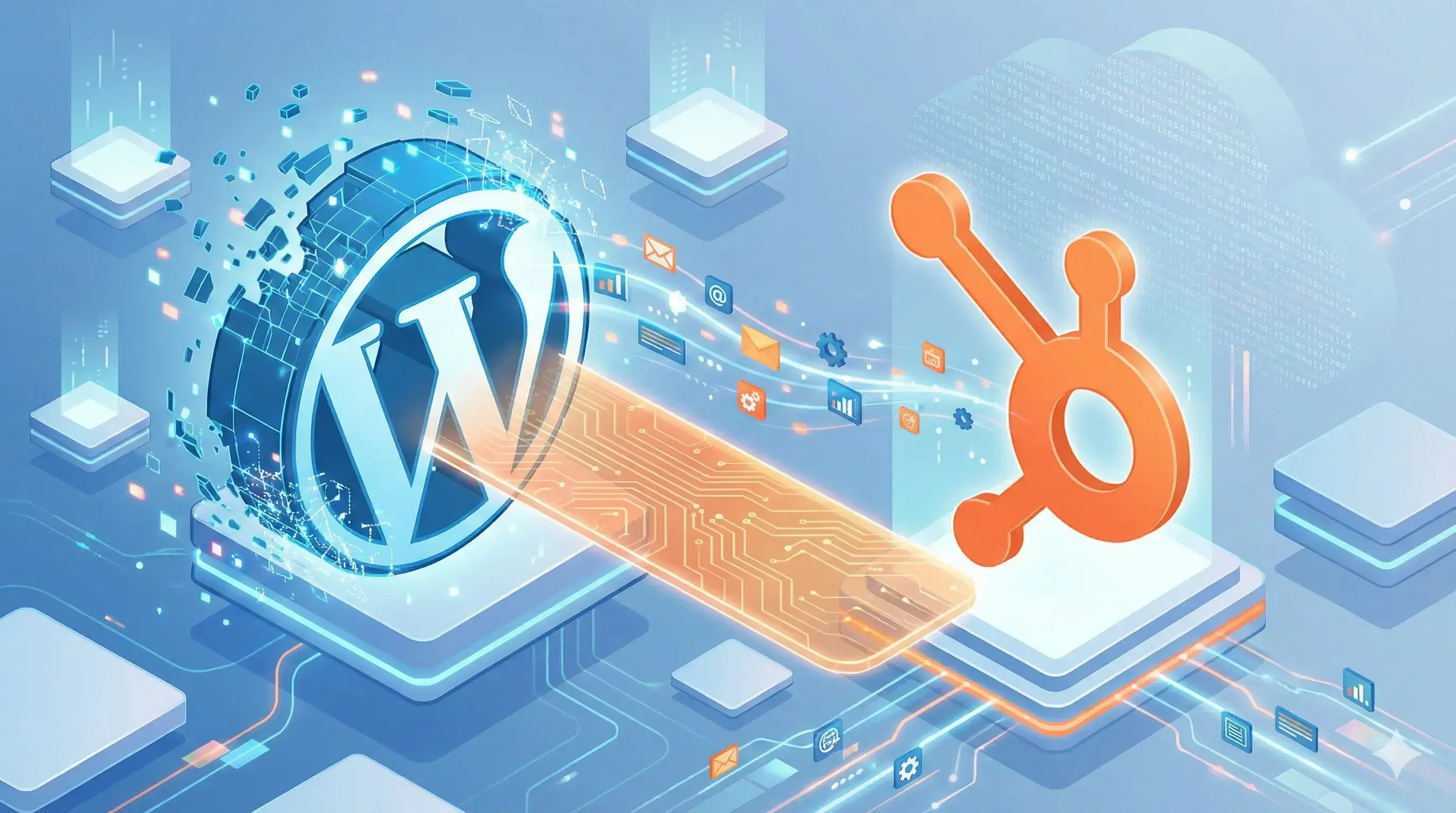 Animated illustration depicting a seamless WordPress to HubSpot website migration process managed by 2CUBE Studio